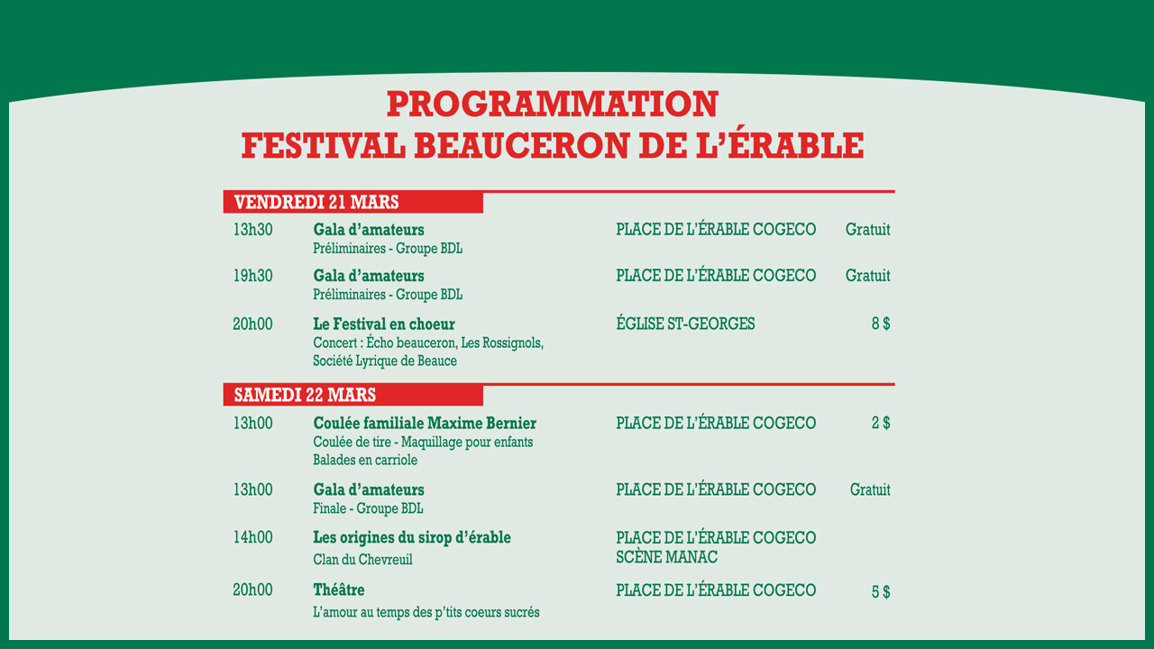 Programmation du 25e Festival beauceron de l'érable