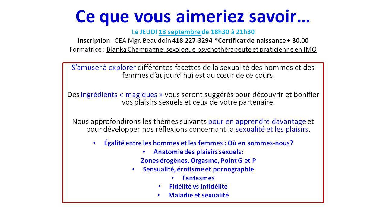 Cours avec Bianka Champagne M.A., Sexologue-psychothérapeute et praticienne en IMO