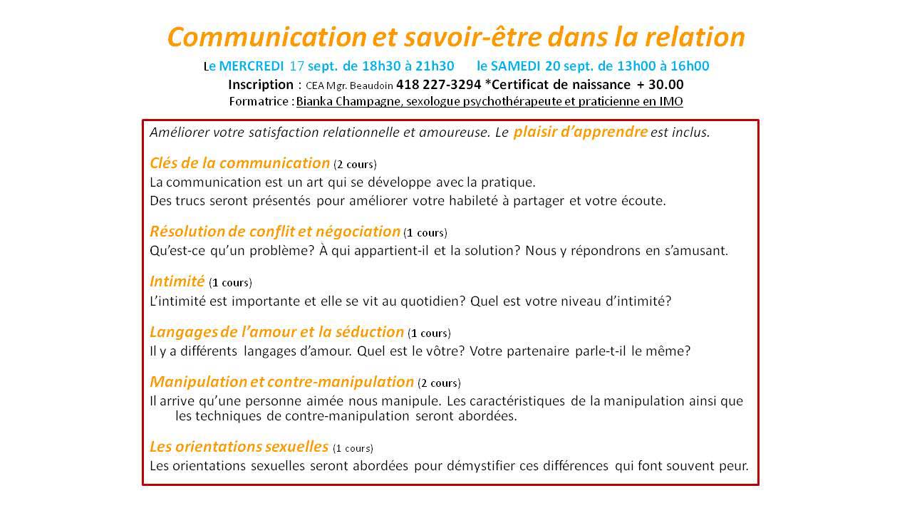 Cours avec Bianka Champagne M.A., Sexologue-psychothérapeute et praticienne en IMO