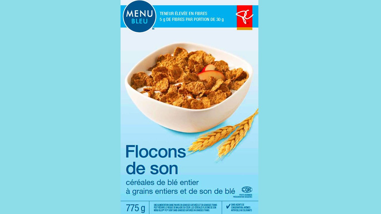 Rappel de céréales Flocons de son de marque PC Menu Bleu