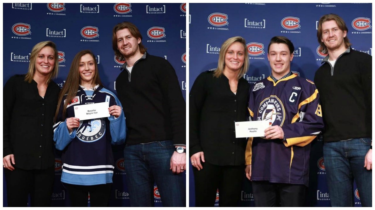 Rosalie Bégin-Cyr et Anthony Poulin reçoivent une bourse des Canadiens de Montréal. Les deux sportifs posent sur la photo avec Marie-Philip Poulin et Jeff Petry.
