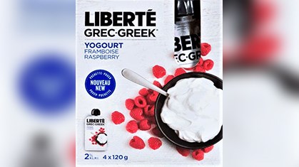 Les produits visés par le présent rappel sont les yogourt grecs à la framboise 2 % de marque Liberté (4 sachets de 120 g) arborant les dates d'expiration 2017 JL 16, 2017 JL 29 2017 AU 11 2017 AU 19 et 2017 AU 25.