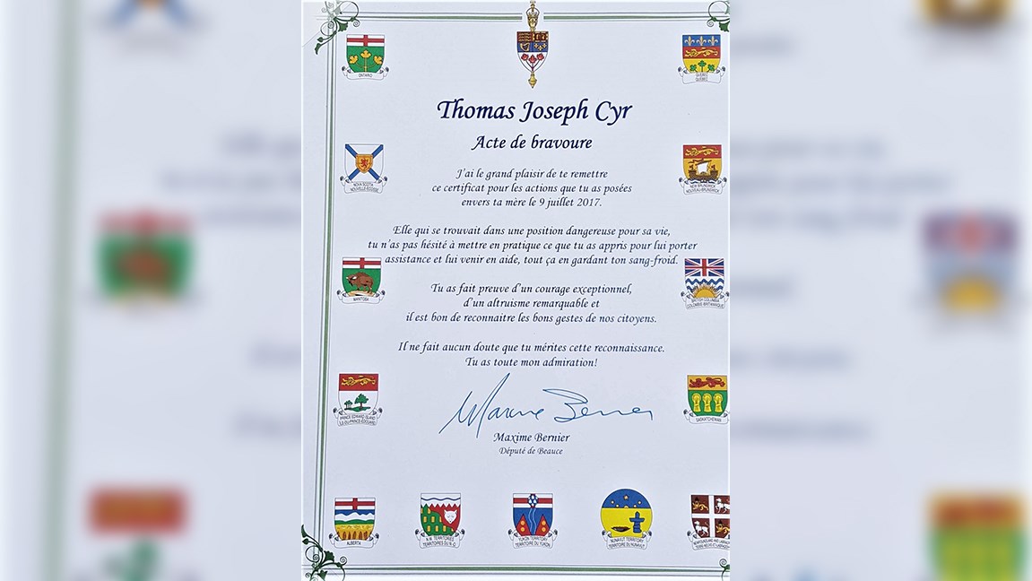 Le certificat d'acte de bravoure qu'a remis le député de Beauce Maxime Bernier au jeune Thomas Joseph Cyr de Saint-Martin.