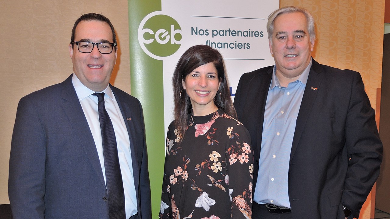 Les conférenciers de la matinée. De gauche à droite : Pierre Cléroux, vice-président, Recherche et économiste en chef de la Banque de développement du Canada (BDC), Anne-Pierre Paquet, associée en services-conseils à la BDC et Érick Perreault, également associé en services-conseils chez BDC.