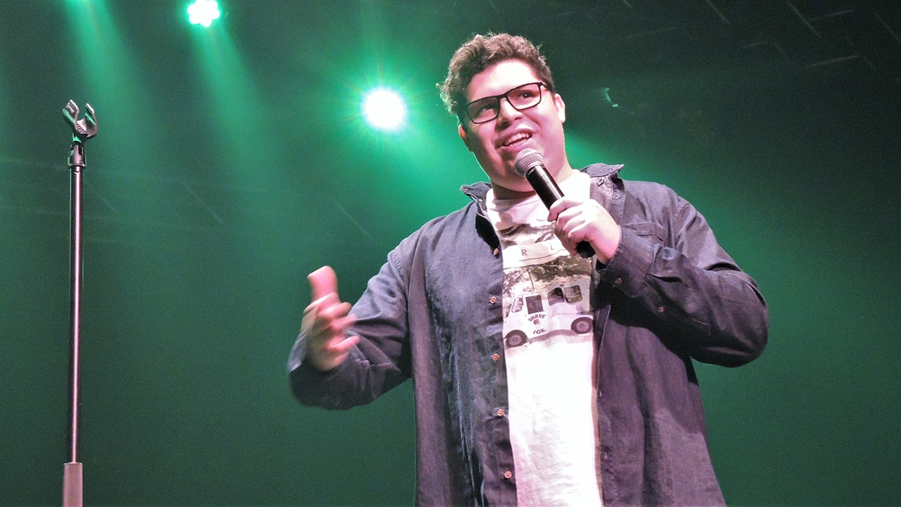 L'humoriste Jacques Fortin, de Sainte-Marie, a remporté le prix Coup de coeur du public à la finale locale de Cégeps en spectacle, à Saint-Georges, lors du mercredi 31 janvier 2018.