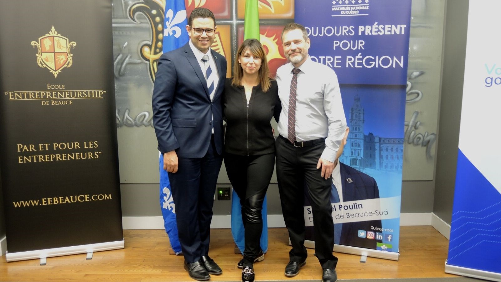 Dans l'ordre, le député de Beauce-Sud, Samuel Poulin, la directrice générale de l'EEB, Isabelle Le Ber, et Vincent Grondin, président de l'entreprise Lico et gradué de la cohorte 1 du programme Élite.