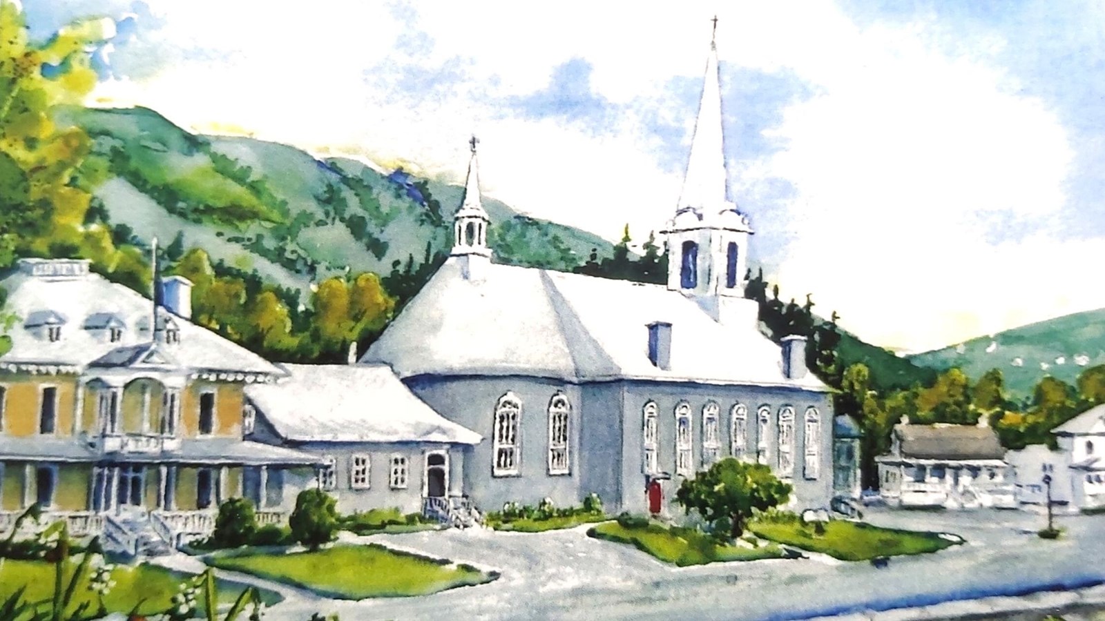 Église et presbytère de Beauceville. Peinture de Gaétane Boucher.