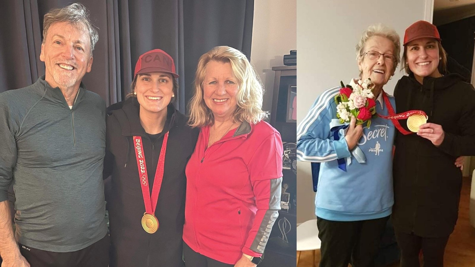 Marie-Philip avec ses parents, Robert Poulin et Danye Nadeau. À droite, avec sa grand-mère, Julienne Bisson.