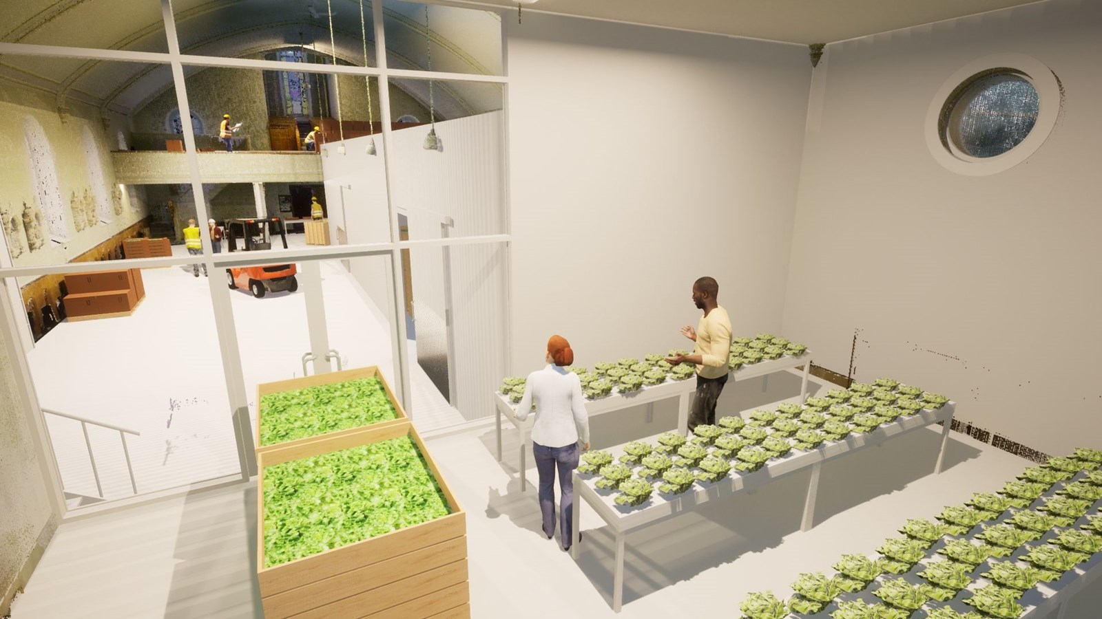 La moitié du bâtiment servira à la conservation par réfrigérateur alors que le reste servira au nettoyage des légumes et à la culture hydroponique.