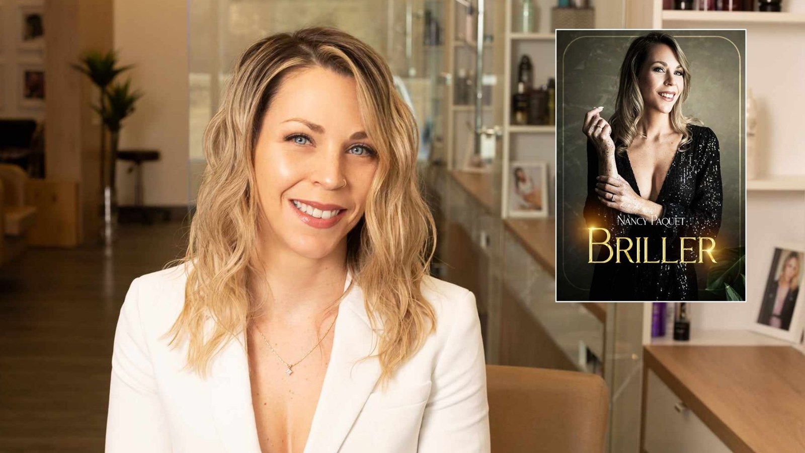 Nancy Paquet et la couverture de son livre, Briller