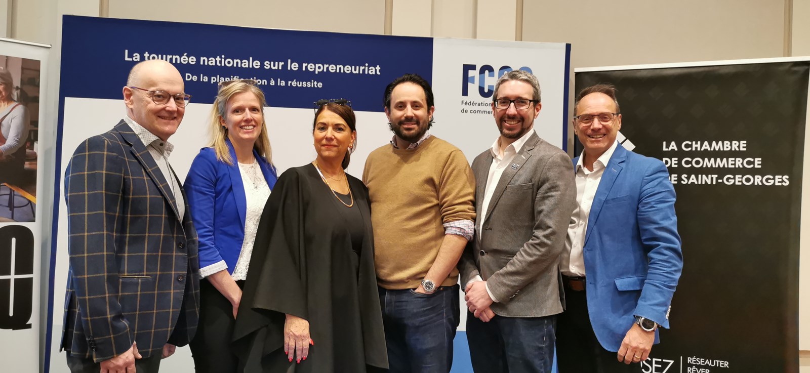 De gauche à droite, Pascal Harvey (Réseau SADC/CAE) Karine Couture et Annie Gilbert (Chambre de commerce de Saint-Georges), Raphaël Voscorian (Morency Avocats), Grégory Brasseur (CTEQ), et Eric Dufour (Raymond Chabot Grant Thornton).