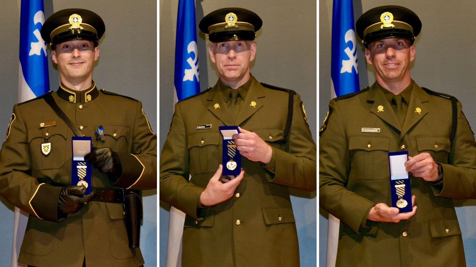 Les policiers Jeffrey Turgeon, Pascal Mathieu et Nicolas Archambault se sont vu décerner une Médaille pour action méritoire pour les gestes héroïques qu'ils ont posés en novembre dernier.