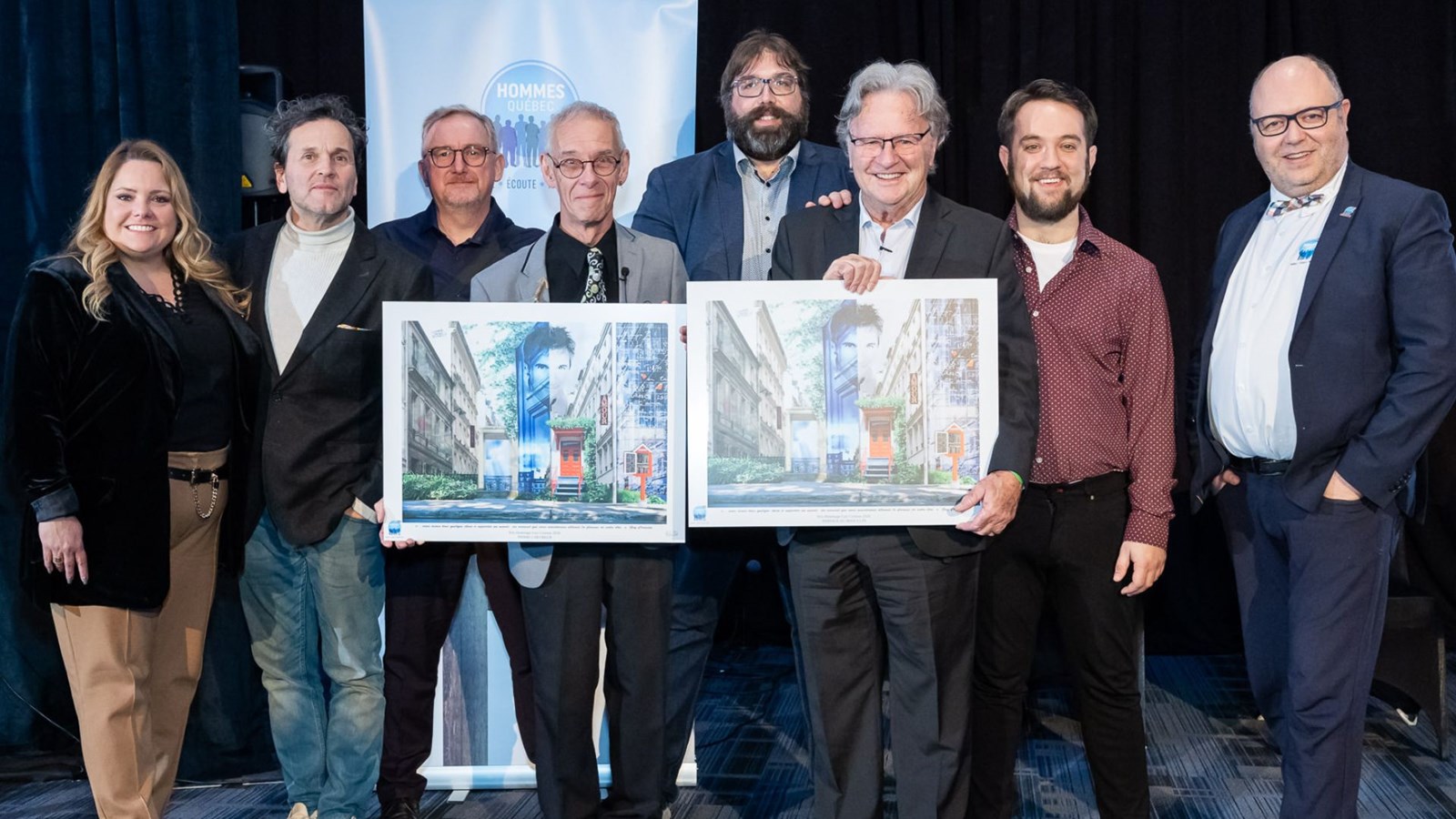 De gauche à droite, Marie-Belle Gendron, députée de Châteauguay, Martin Léon, porte-parole, Alain Vienneau, président du CA d'Hommes Qhébec, Pierre L'Heureux, lauréat catégorie «Personne», Jean-François Bossé, Guy Dubé et Jean-Michaël Dubé-Rousseau, représentants de l'organisme Partage au Masculin, et Vincent Perreault, président d'honneur.