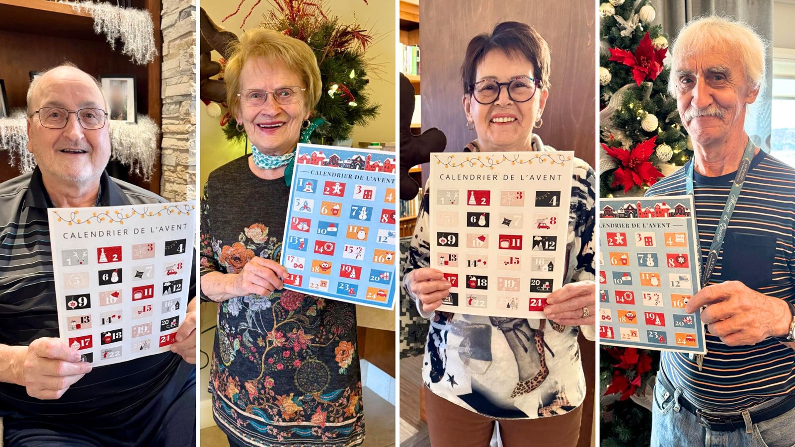 Quatre résidents exhibant fièrement leur calendrier de l'Avent: Claude Gilbert, Adrienne Routhier, Pauline Morin et Marcel Paquet.