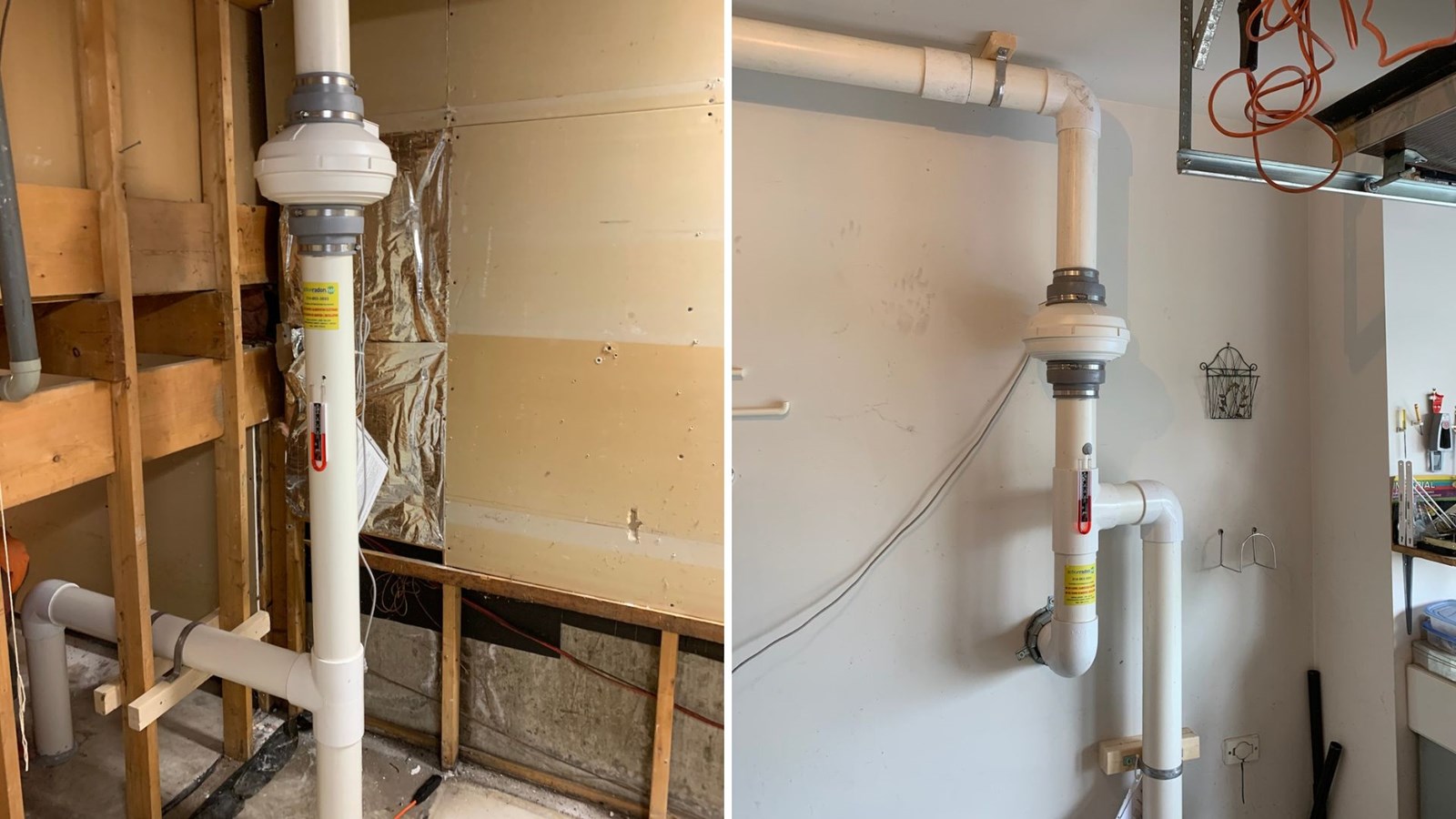 Ventilateur d'évacuation du radon. À gauche, au sous-sol, à droite, dans un garage.