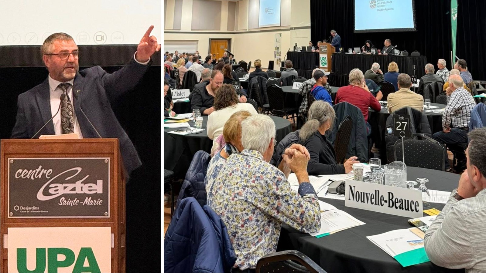 À gauche, le président de Fédération de l’UPA de la Chaudière-Appalaches, James Allen, lors de son discours aux délégués de l'assemblée générale annuelle du syndicat qui s'est déroulée à Sainte-Marie.