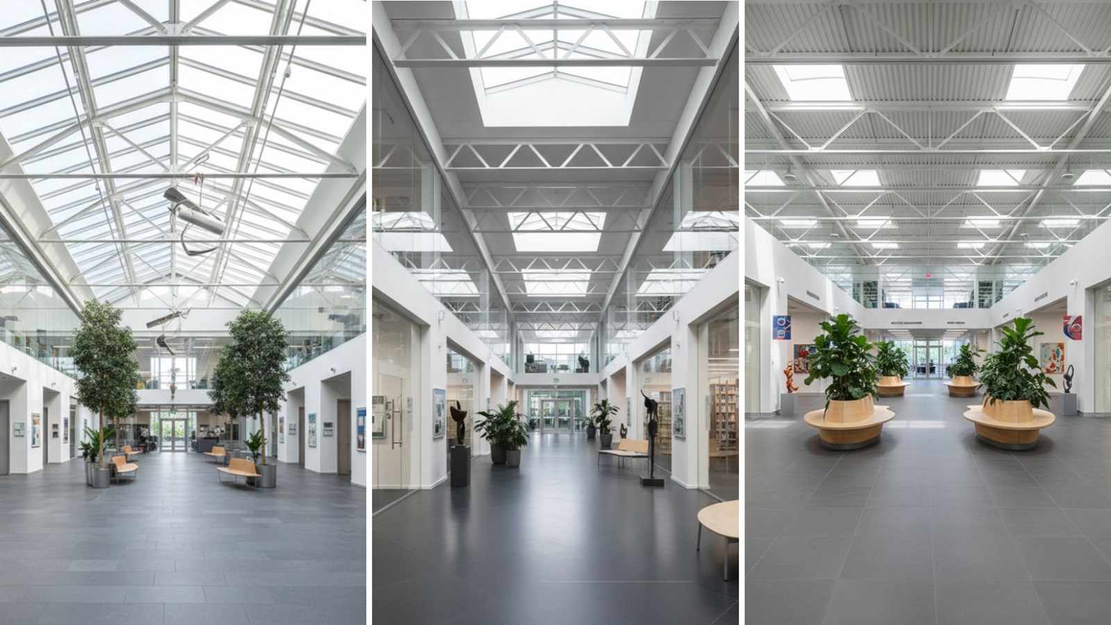 Trois scénarios possibles d'aménagement de l'atrium intérieur.