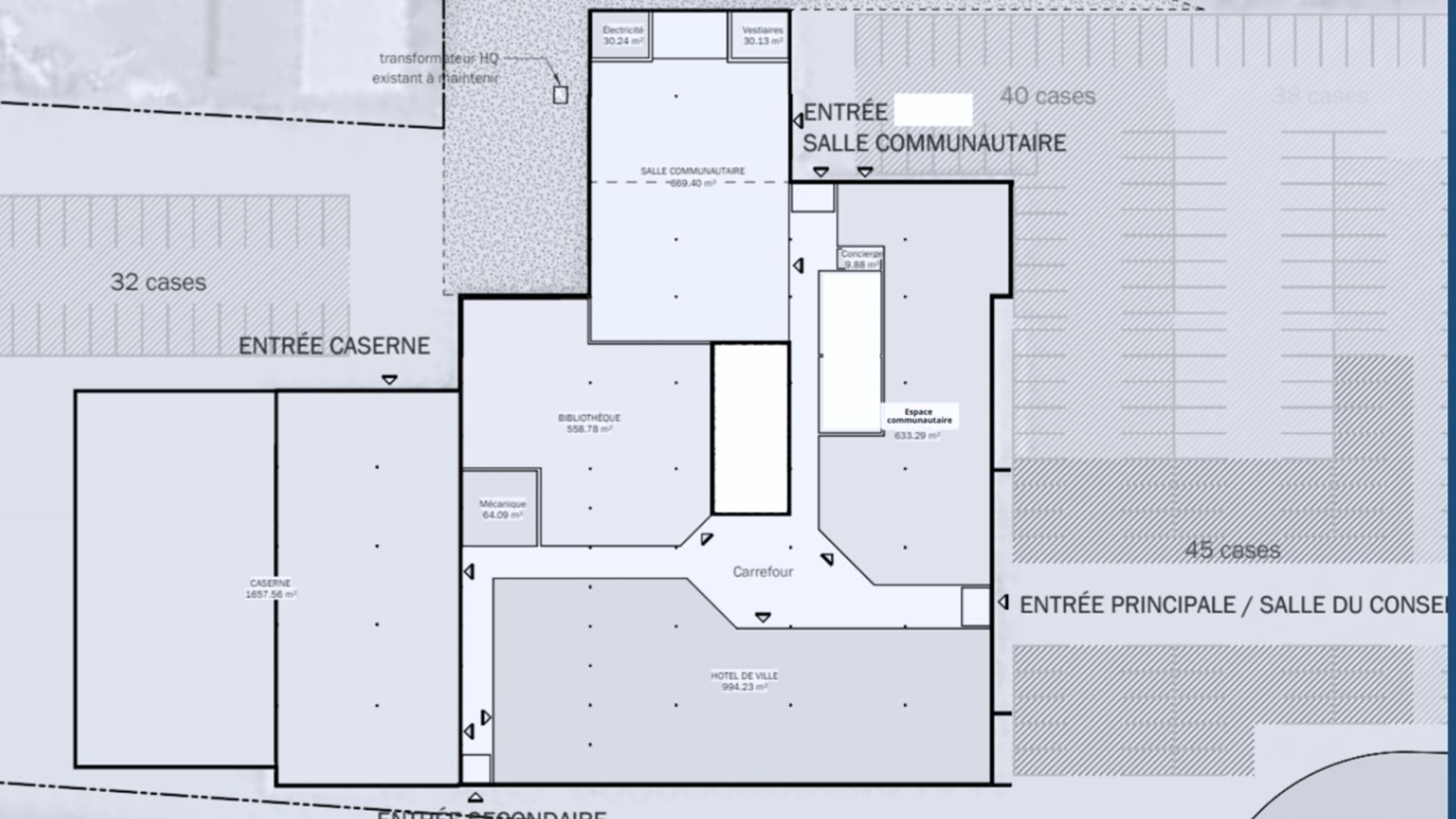 L'édifice sera divisé en cinq sections pour accueillir l’hôtel de ville, la bibliothèque Madeleine-Doyon, la caserne de sécurité incendie, une salle multifonctionnelle et des locaux et espaces pour les organismes du milieu.