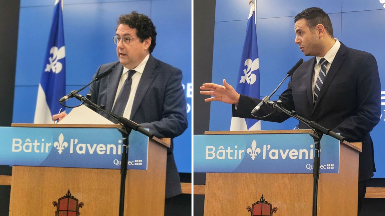 Le ministre de l’Économie, de l’Innovation et de l’Énergie et ministre responsable de la Stratégie maritime, Bernard Drainville, ainsi que le député de Beauce-Sud et ministre des Affaires municipales, Samuel Poulin,.