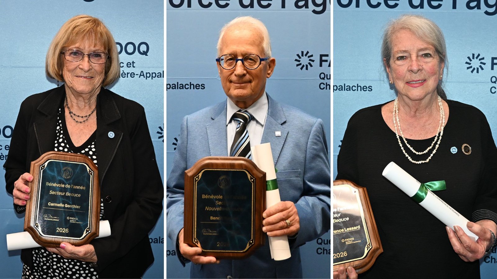 Les trois récipiendaires, Carmelle Gonthier, Benoit Turmel, et Marie-Lawrence Lessard.