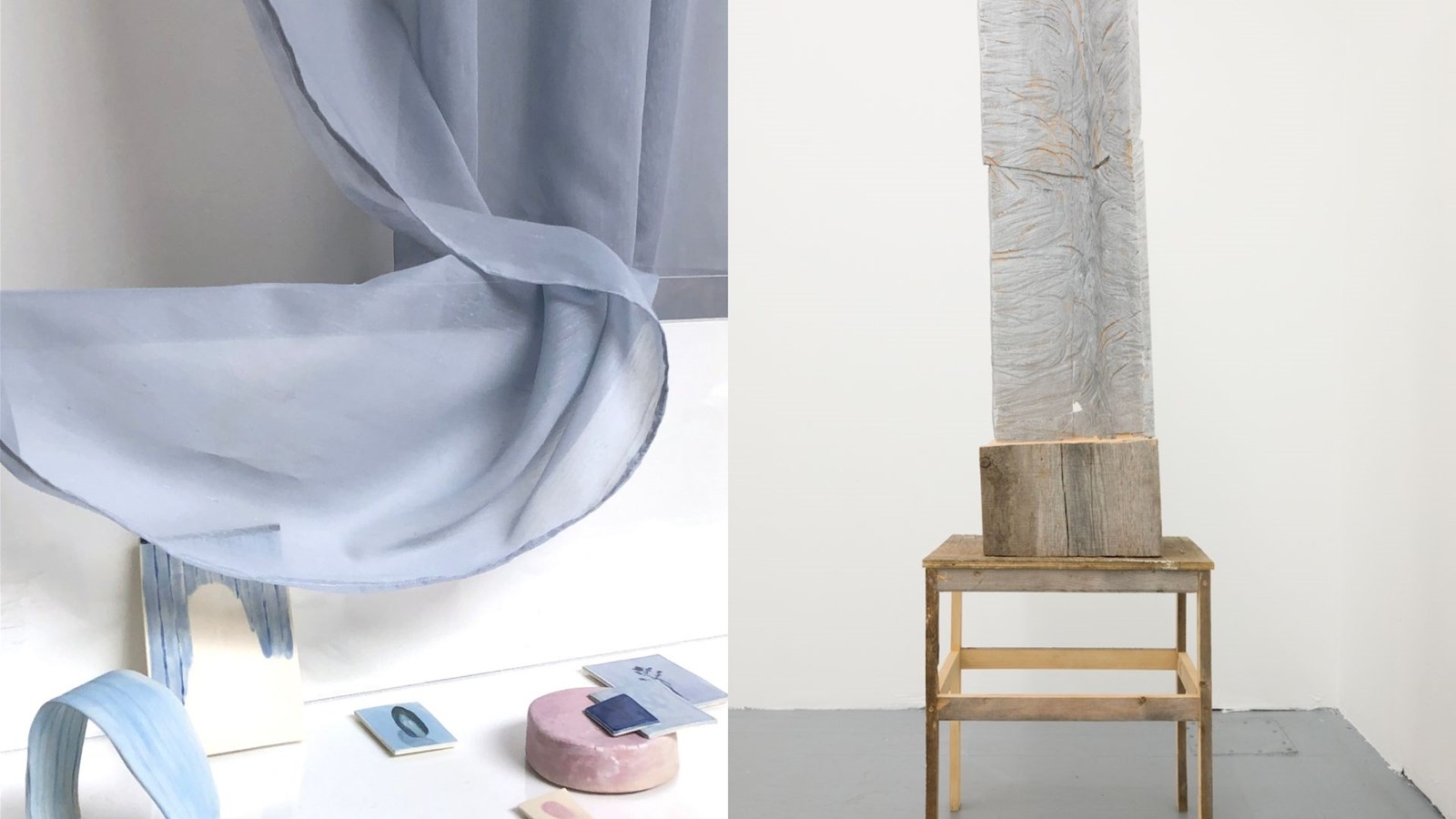(À gauche): Vicky Sabourin, Le lys de ta peau (travail en cours), 2022. (À droite): Samuel Roy-Bois, It’s Not Me (Silver Corner), 2021. 