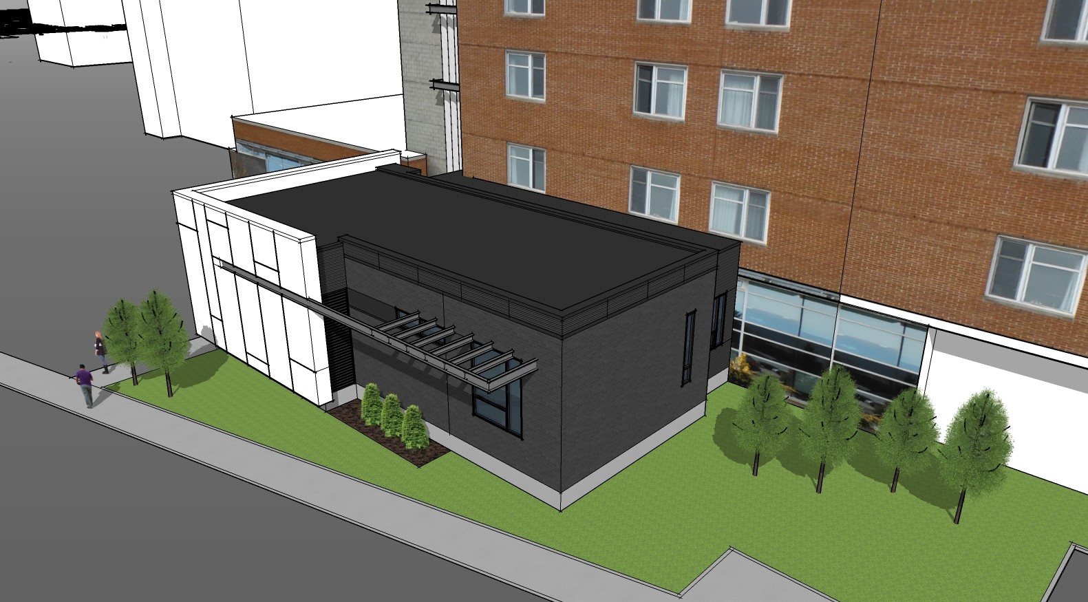 La forme, de même que les matériaux et les couleurs du revêtement de ce nouveau bâtiment s’harmoniseront à l’agrandissement prévu avec la Phase 2 du redéploiement des services au Centre hospitalier régional.