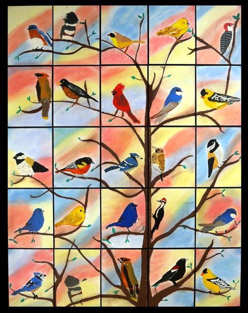 Œuvre collective, peinture acrylique et pastels secs.