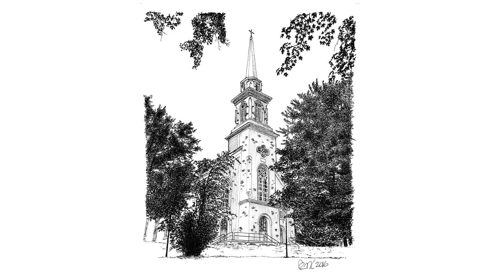 Un croquis de Frank Fournier illustrant l’église Sainte-Bibiane.