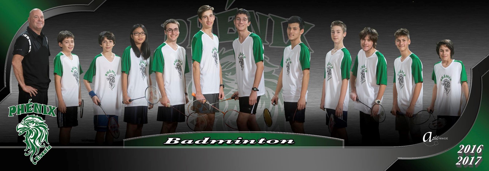 Voici l’équipe de badminton de cette saison 2016-2017. Dans l’ordre habituel, on retrouve l’entraineur Guy Bonneville et les joueurs Victor Bachand; Joseph Deslandes; Anne-Sophie Duplessis; Isaac Michon Daoust; Vincent Paradis; Gabriel Dion; Bo Wei Chang; Félix Tremblay; Eric Dolbec Coté; Alix Martin et Frédérick Dion.