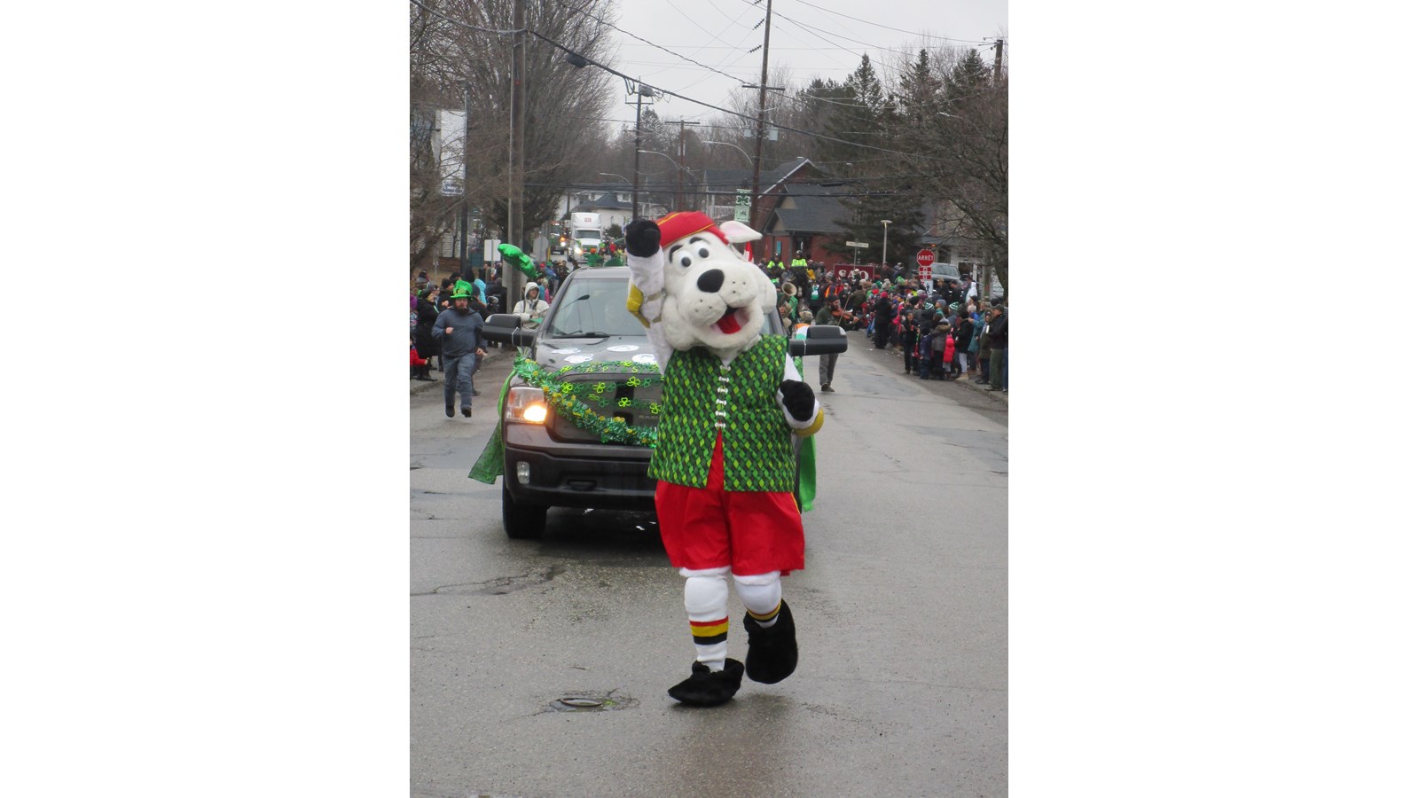 En attendant de retrouver tous ses jeunes amis ce samedi à l’aréna, la mascotte Mousquiri a tenu à participer au défilé de la St-Patrick à Richmond avec sa belle veste de couleur verte !