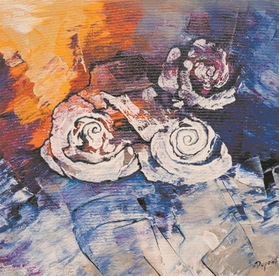 La facture de l’œuvre se veut douce et fluide, rehaussée d’impressions colorées, de mouvements forts et déterminés.