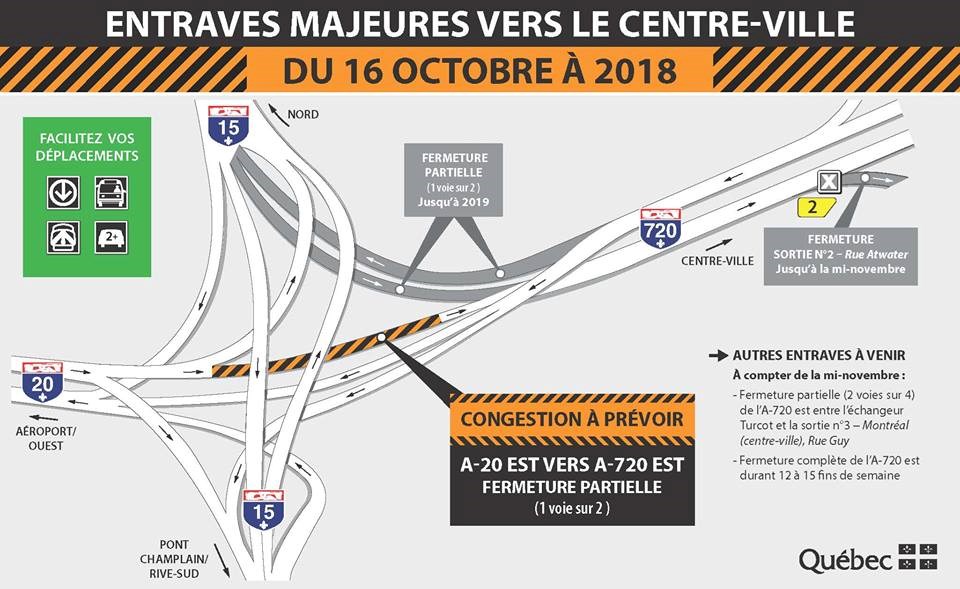 Fermeture partielle de la bretelle menant de l’autoroute 20 en direction est 