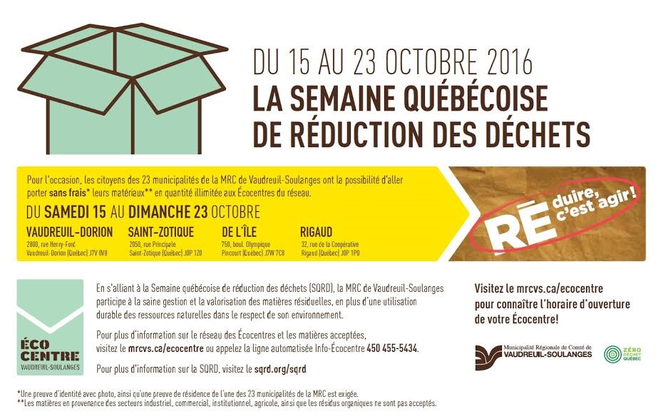 Gratuité pour la population de la MRC de Vaudreuil-Soulanges pour les écocentres