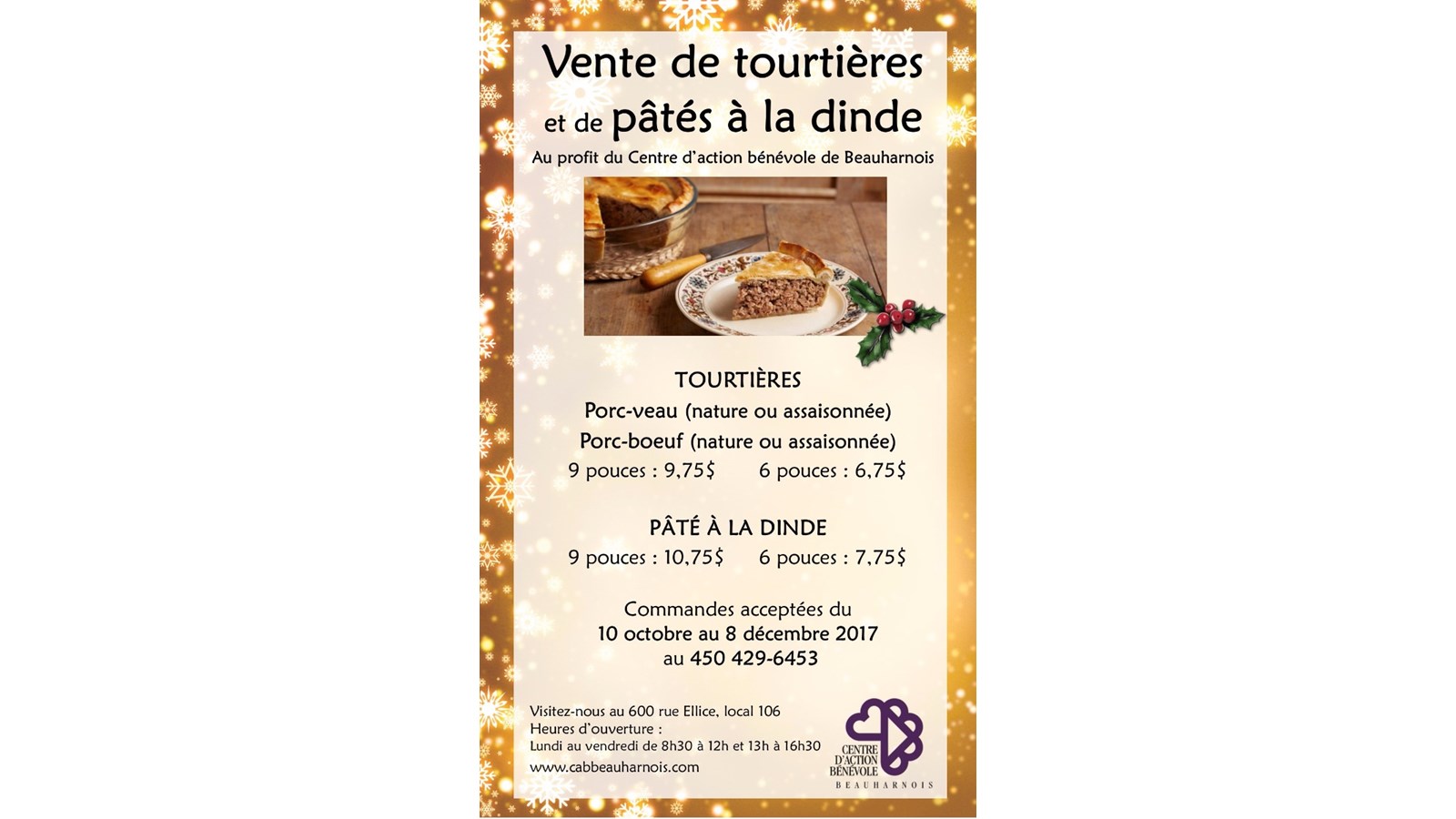 Tourtières et pâtés à la dinde au profit du Centre d’action bénévole de Beauharnois  