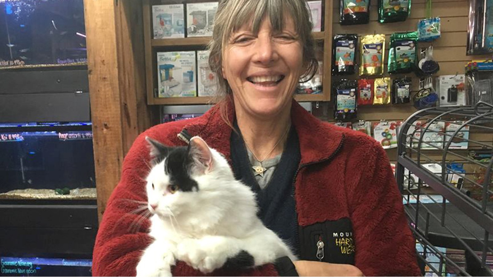 Michèle Beauséjour, la femme du proprétaire Normand Legault, prend la pose avec l'un des chats qui à adopter.