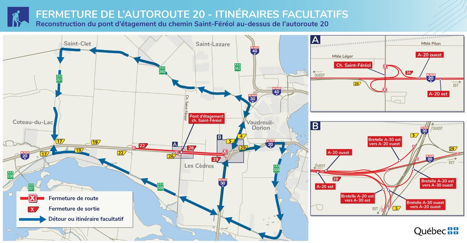 Fermetures de l'autoroute 20 à Les Cèdres à venir