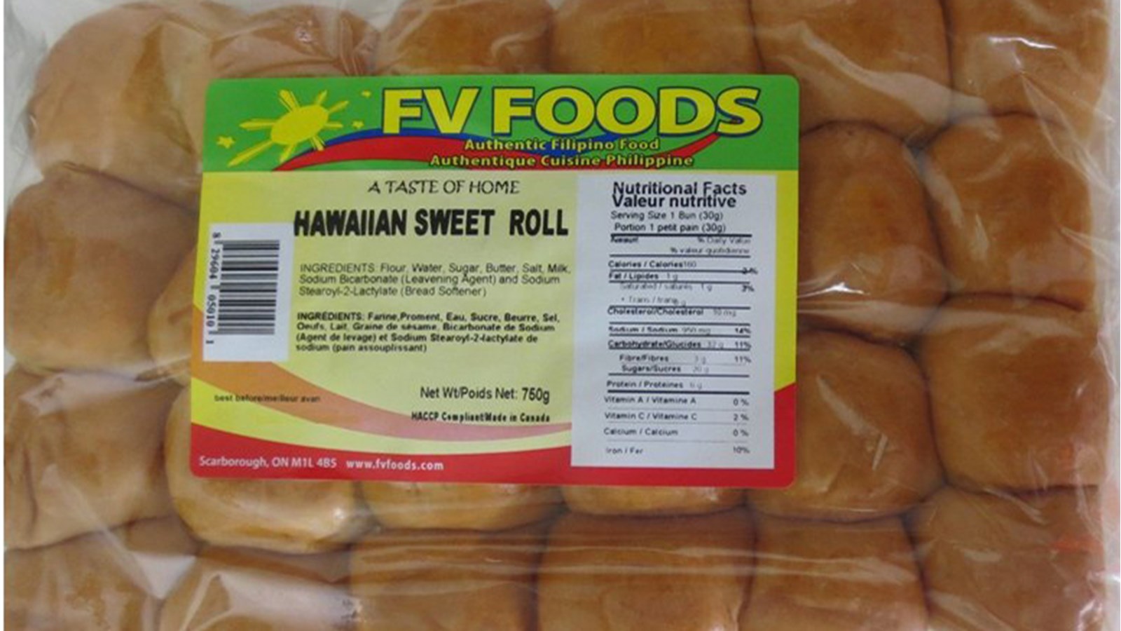 Rappel de Pain de lait de marque FV Foods