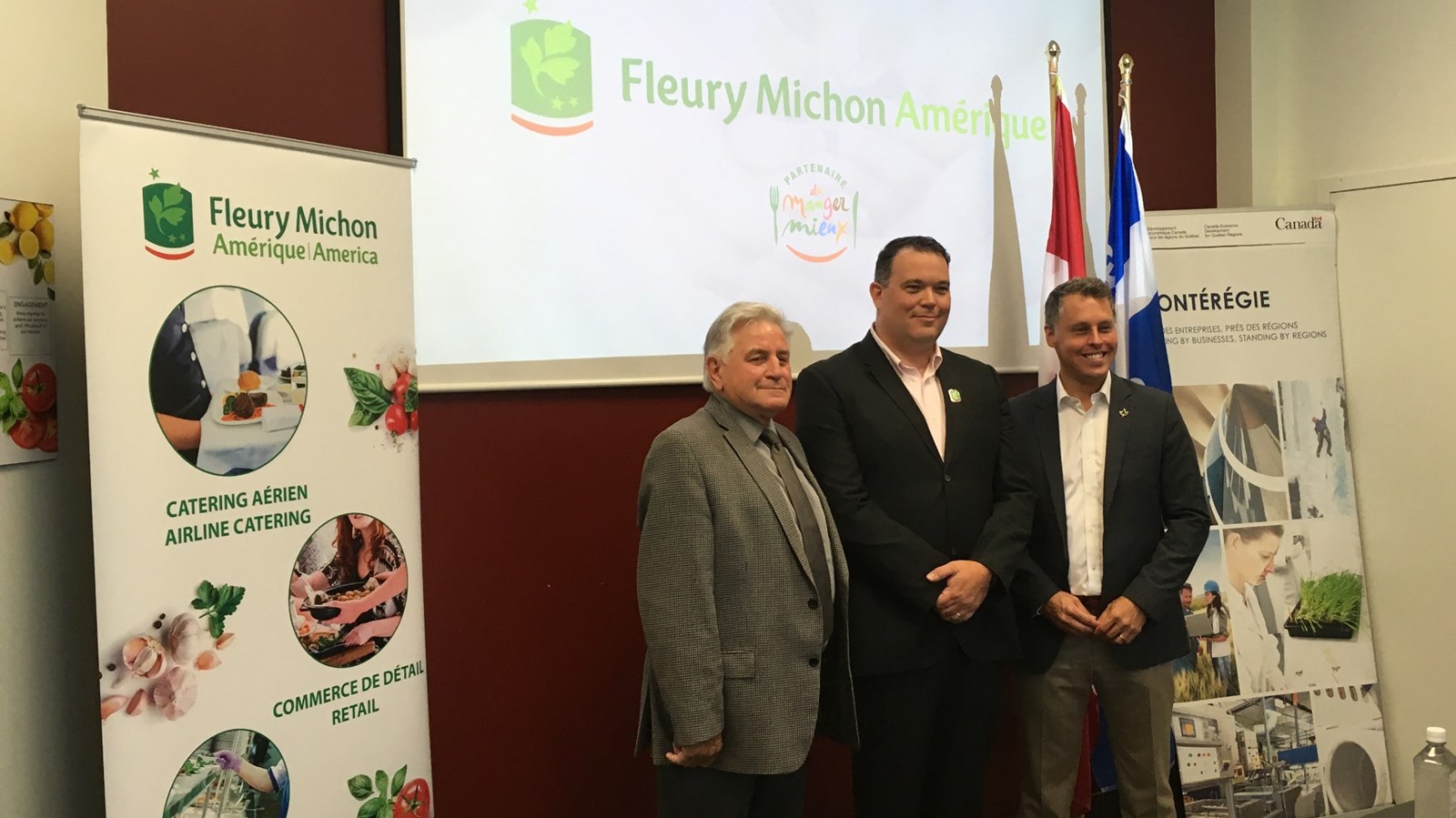 Le maire de Rigaud, Hans Gruenwald, le directeur général de Fleury Michon Amérique, John Allard et le député de Vaudreuil-Soulanges, Peter Schiefke étaient bien heureux de cette annonce.