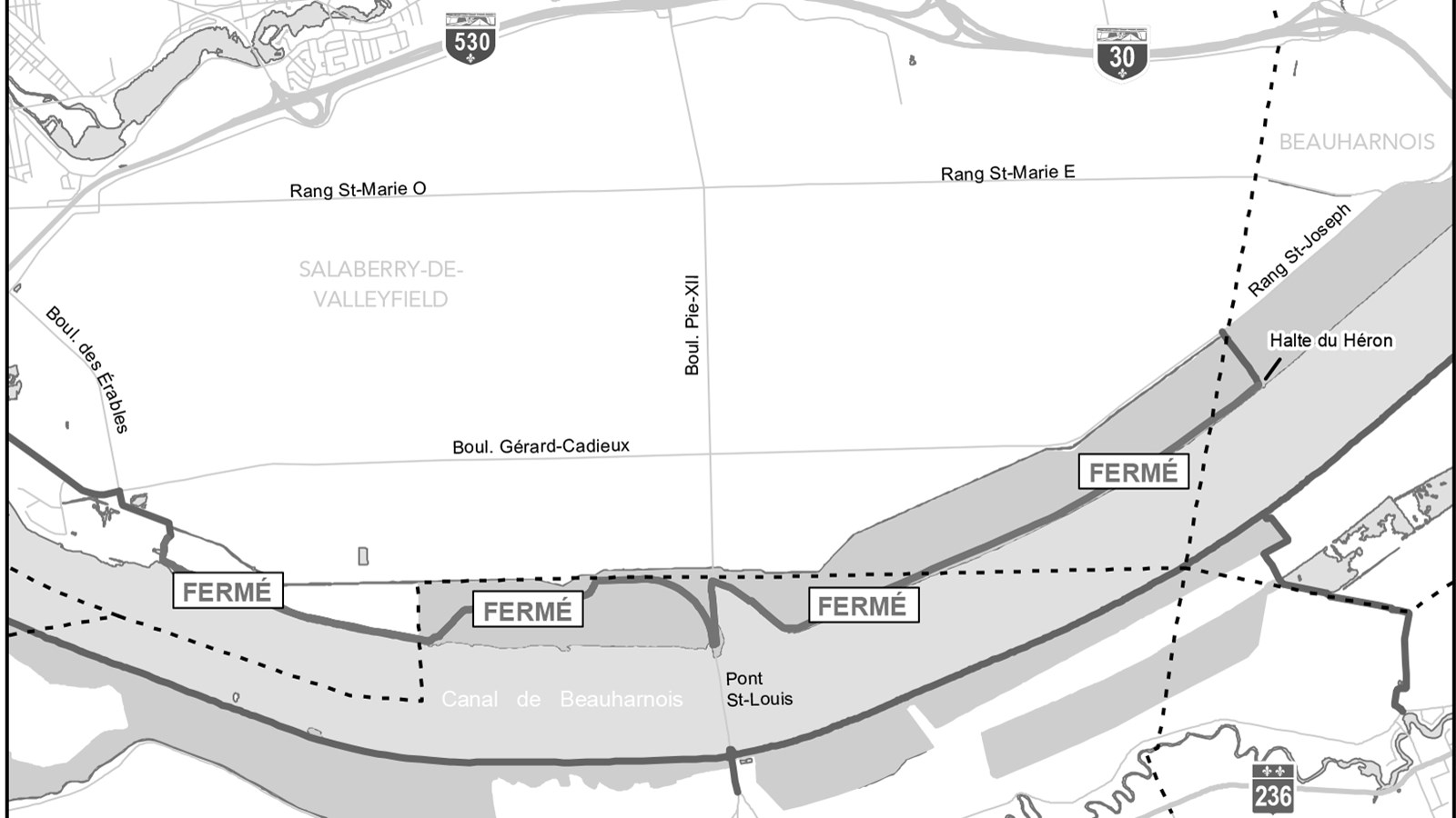 Des travaux d'investigation seront menés sur la portion cyclable située en rive nord du Canal de Beauharnois, entre le boul. des Érables à Salaberry-de-Valleyfield et la Halte du Héron à Beauharnois, la semaine prochaine. 

