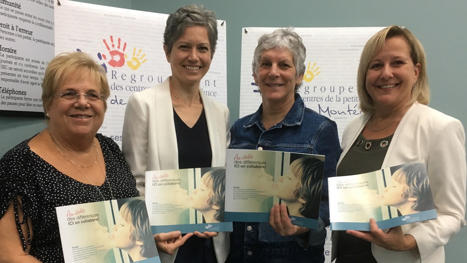 Claudette Pitre-Robin, directrice générale du Regroupement des centres de la petite enfance de la Montérégie (RCPEM), Élodie Bergeron, coordonnatrice du guide pour le CISSS de la Montérégie-Ouest
Sylvie Melsbach, coordonnatrice du guide pour le Regroupement des CPE de la Montérégie et Céline Rouleau, présidente directrice adjointe du CISSS de la Montérégie-Ouest se réjouissent du lancement de ce guide qui servira d'outil dans le milieu de la petite enfance. 