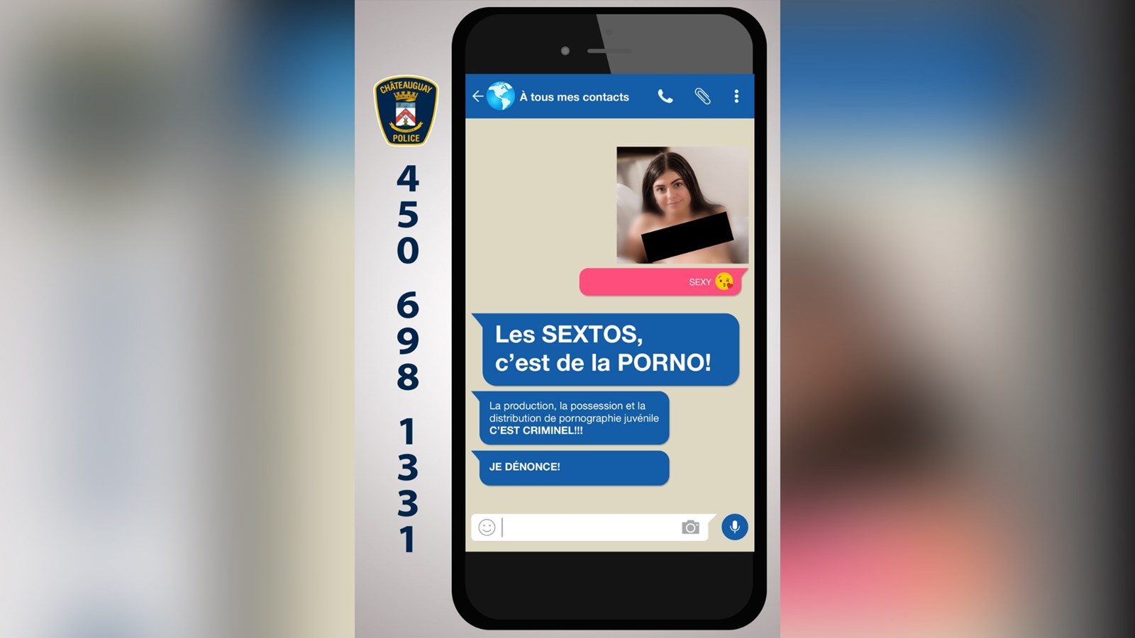 Le visuel (affiches et cartons de format cellulaire) a été conçu pour montrer aux jeunes les impacts possibles de l’envoi d’un sexto, et ce, pour les personnes de tous les sexes.