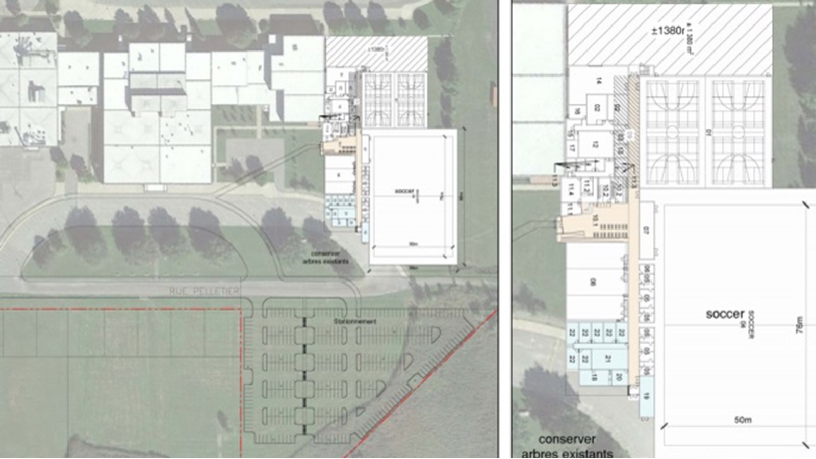 Selon les ébauches préliminaires, le complexe serait situé sur le terrain de l’école secondaire de la Baie-Saint-François et comprendrait un terrain de soccer synthétique intérieur à neuf joueurs, lequel serait également divisible en deux terrains de soccer à sept joueurs.