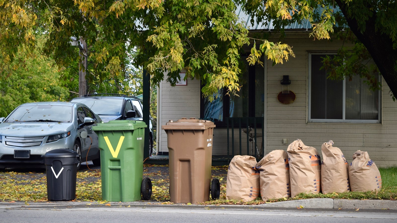 Dans l’éventualité où le bac ne pourrait contenir tout le volume de branches, de feuilles, et de résidus verts, et pour optimiser et faciliter la collecte, le citoyen peut déposer ses surplus à côté du bac brun dans des sacs de papier (sans attache, bande autocollante ou élastique) comme sur cette photo.