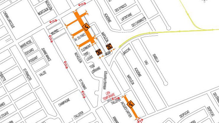 Les rues Clermont, Jacques-Cartier (de la rue Salaberry jusqu’au boulevard Sainte-Marie sud) et Wilfrid (de Nicholson jusqu’au terrain vacant), l’avenue du Parc (de Nicholson à Jacques-Cartier) et le boulevard Sainte-Marie (de Jacques-Cartier à l’ancienne voie ferrée) sont concernés par ces travaux.