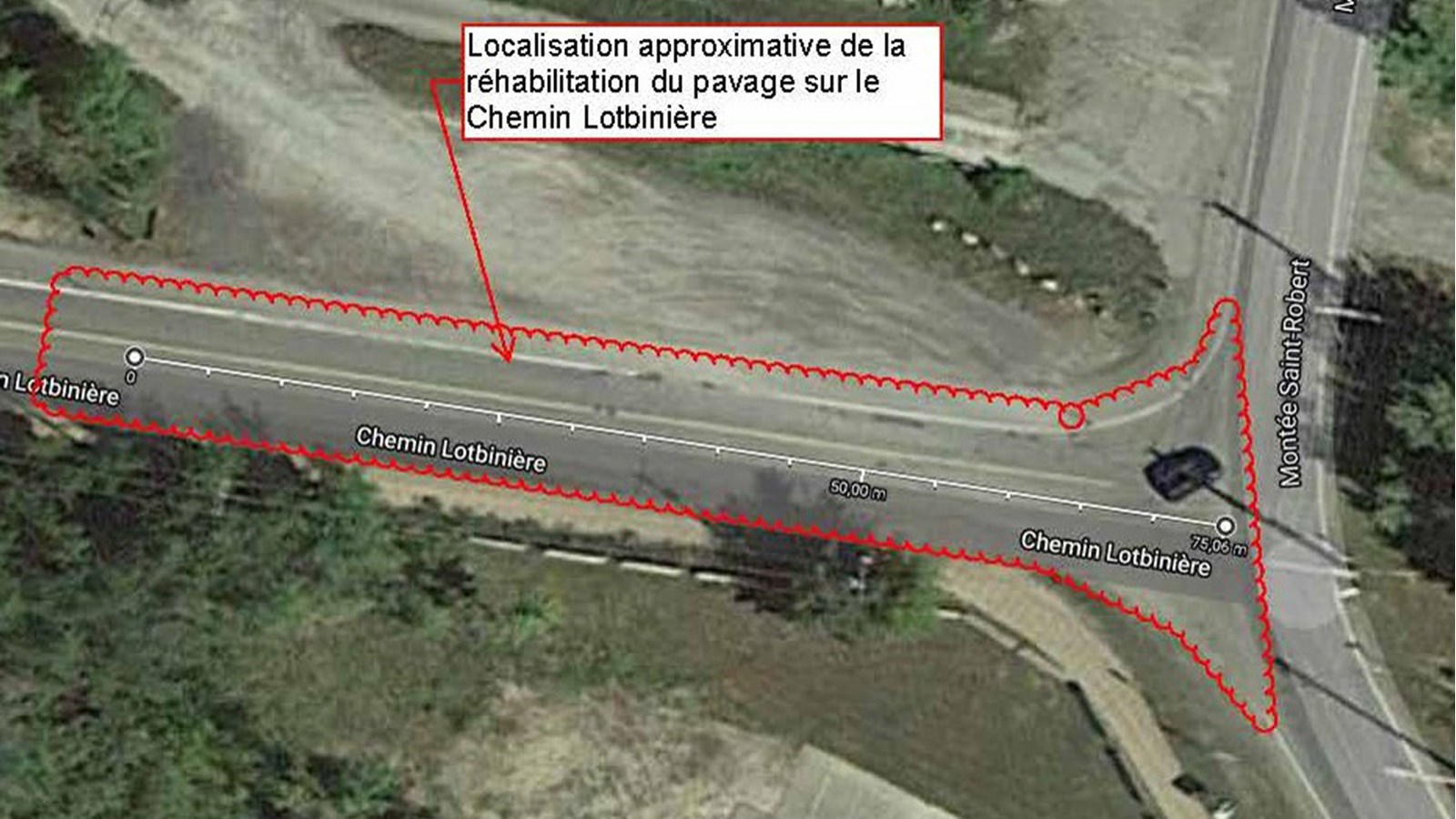 Chemin Lotbinière, sur une distance de 75 mètres à partir de la Montée Saint-Robert sera aussi au coeur de travaux dès ce lundi 22 juin