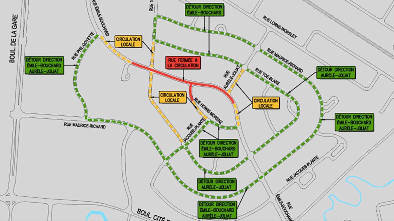 Ces travaux causeront la fermeture d’une section de la rue Émile-Bouchard entre les rues Phil-Goyette et Toe-Blake du 7 juillet au 31 août.