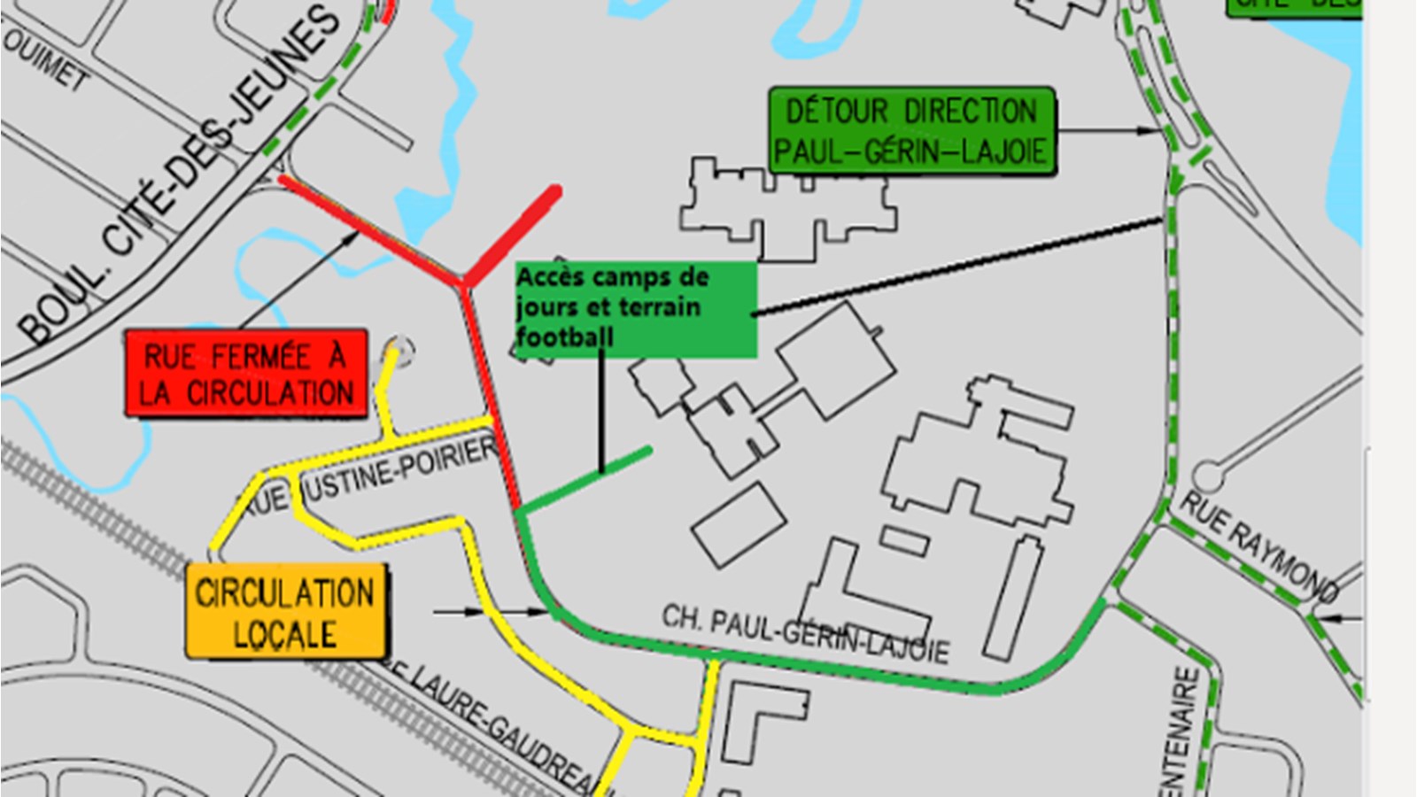 Pendant les travaux, l'accès au camp de jour de jour se fera par l'avenue Saint-Charles. Il faudra ensuite emprunter le chemin qui mène au terrain de football pour y accéder.