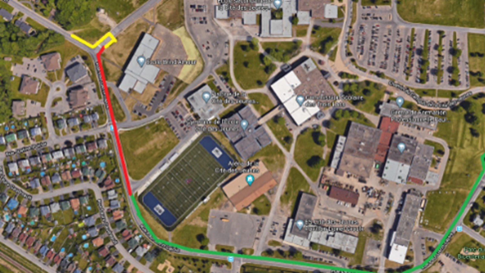 Il est à noter qu'une partie de la piste cyclable se trouvant sur la rue Ouimet ne sera pas accessible durant la période des travaux (en rouge sur le plan).
