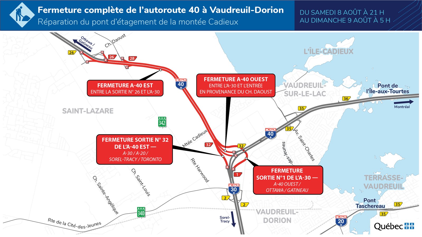 Fermeture complète de l’autoroute 40 dans les deux directions à Vaudreuil-Dorion