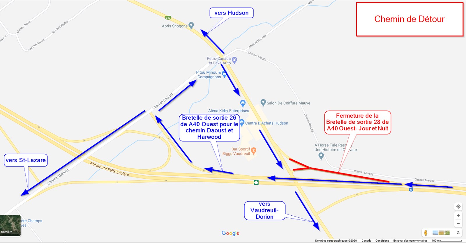 Fermeture de la bretelle de la sortie 28 de l'autoroute 40 ouest, à Hudson